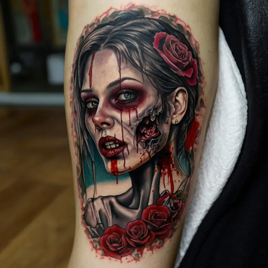 Tattoo of a zombie woman with blood and roses. Haunting eyes, decayed skin, and crimson details create a vivid horror theme.