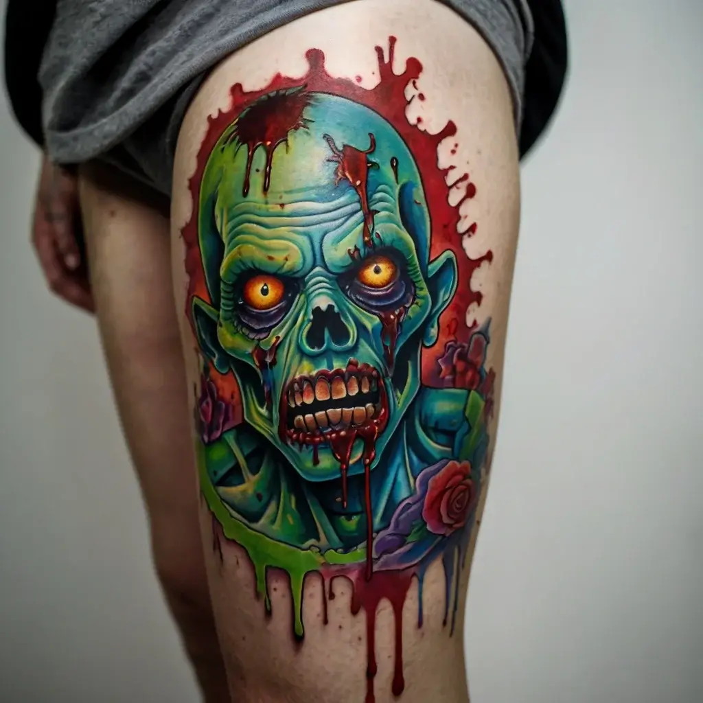 Vivid tattoo of a green zombie with glowing eyes, blood splatters, and roses, creating a horror-themed design on the thigh.