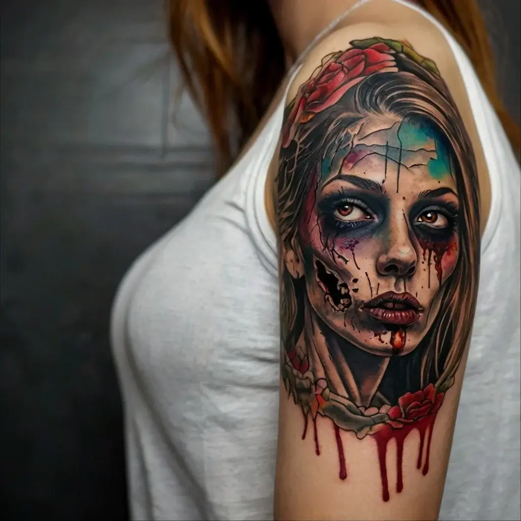 A colorful tattoo of a woman's cracked face, blood tears, vivid red roses, and soft green leaves, creating a surreal effect.