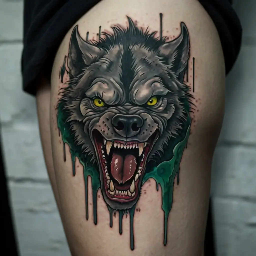 Realistic wolf head tattoo with vibrant yellow eyes, fierce expression, and dripping effect in shades of black and green.