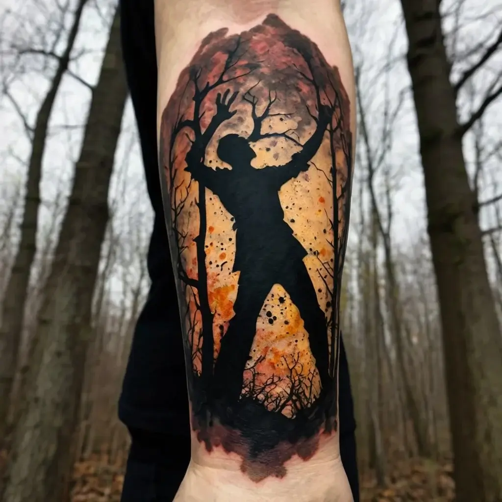 Silhouette of a person in a forest with branches, set against an orange and black watercolor background.