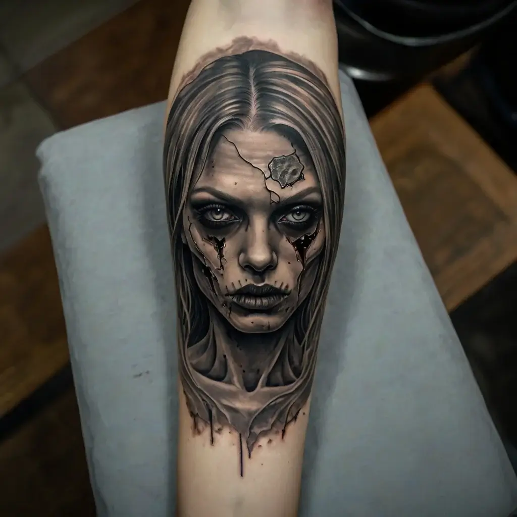 Realistic grayscale tattoo of a woman's face with cracks and tears, blending horror and beauty, on the forearm.