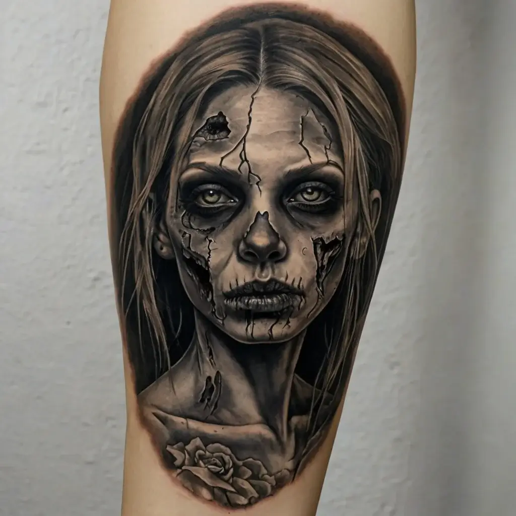 Realistic zombie woman portrait tattoo with cracked skin and haunting eyes, featuring a detailed rose on the shoulder.