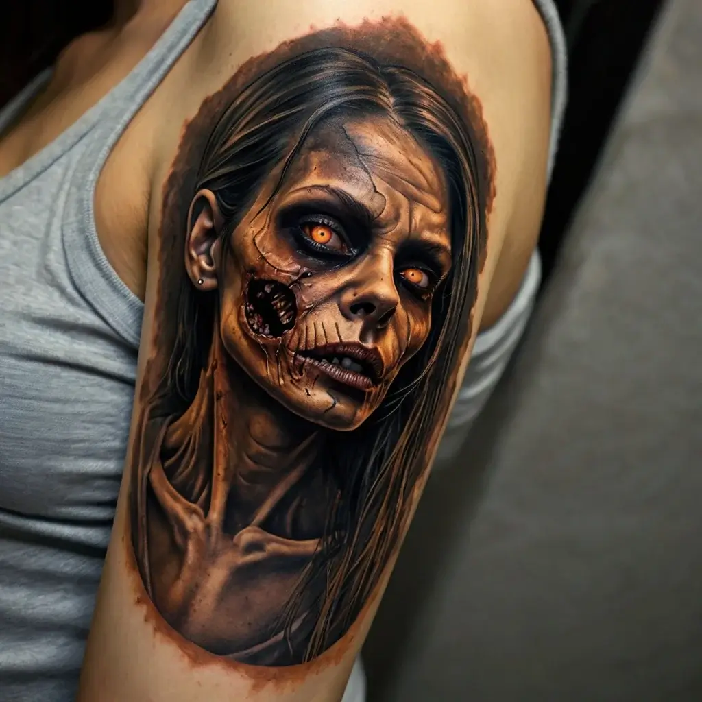 Realistic zombie woman tattoo with glowing orange eyes, detailed decayed skin, and long hair, showcasing horror artistry.