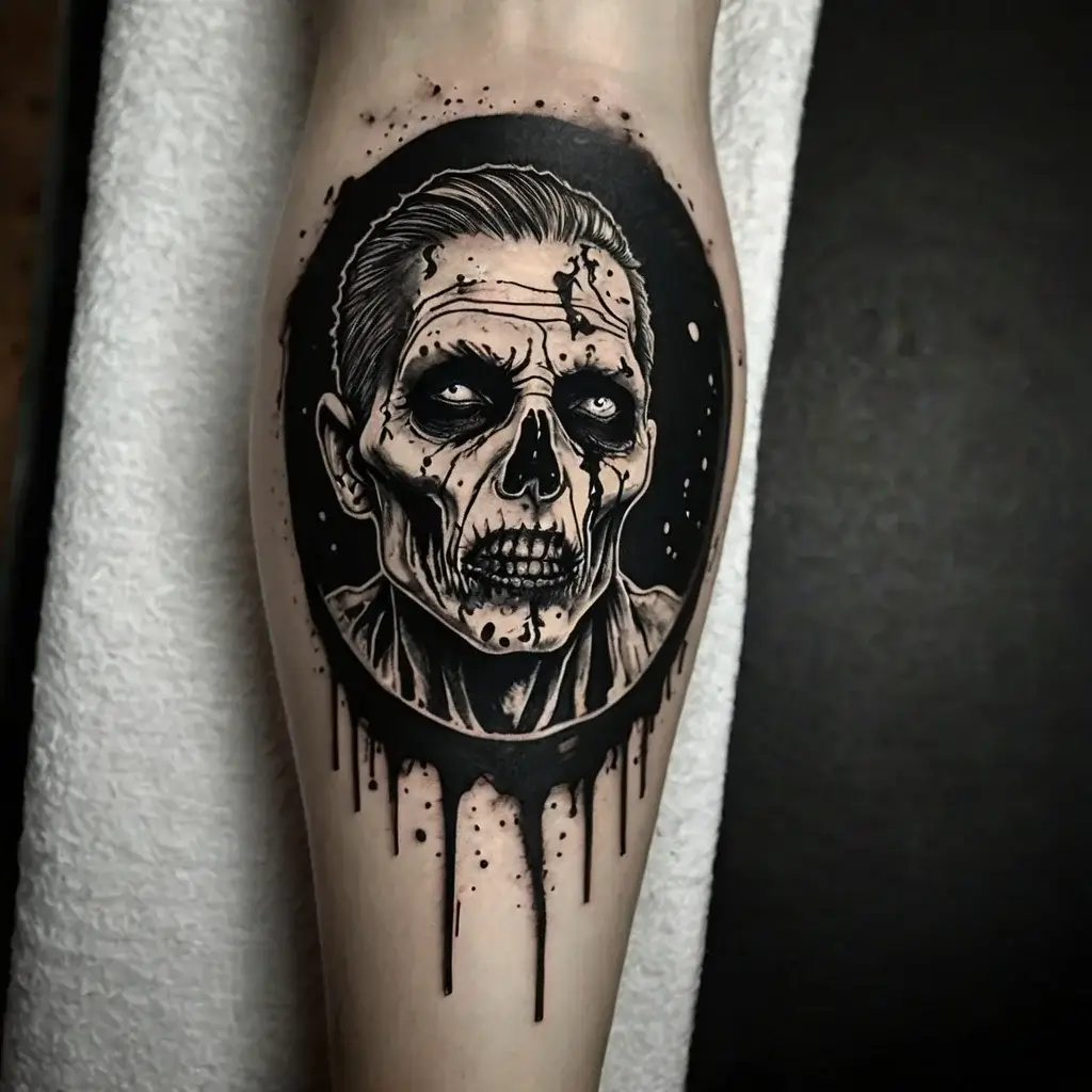 Tattoo of a detailed zombie portrait with slicked-back hair, in black and gray, featuring splattered, dripping ink effects.