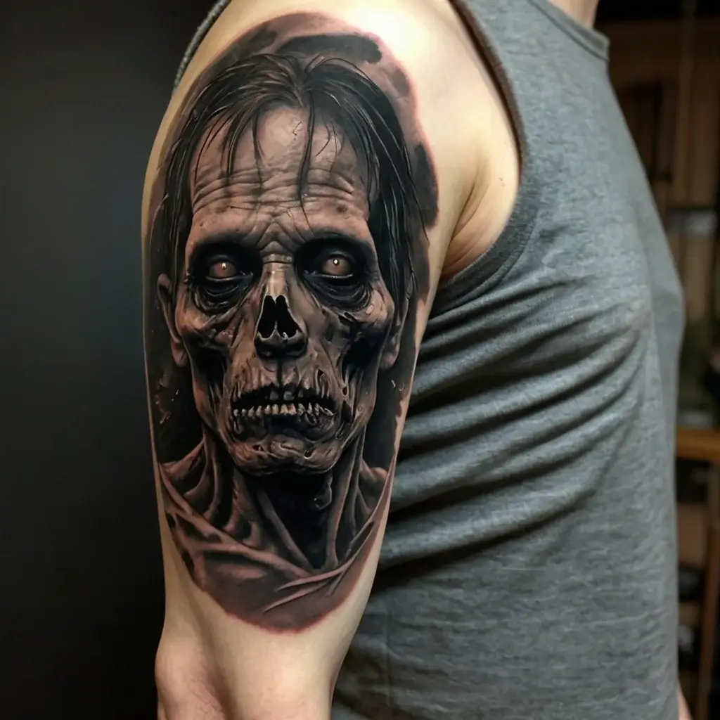 Detailed zombie face tattoo on upper arm, showcasing realistic shading and haunting eyes.