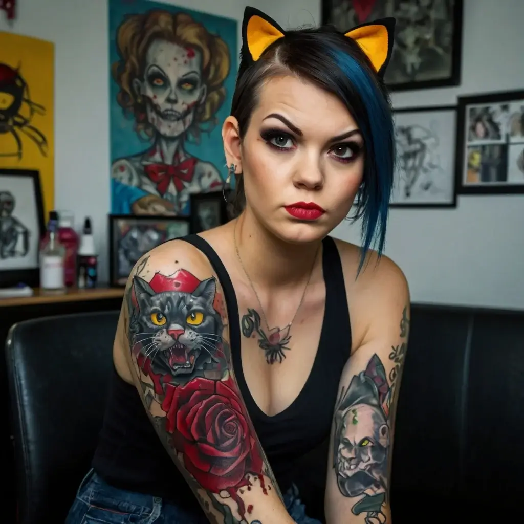 Tattoo design: Fierce gray cat with piercing eyes, bold red rose, and abstract elements on the shoulder and arm.