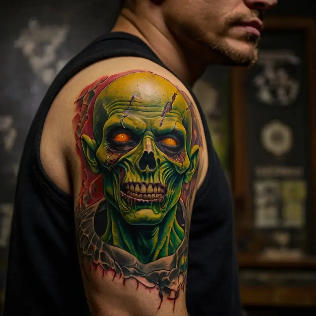 Tattoo of a vibrant green zombie head with glowing orange eyes on the upper arm, featuring detailed shading and texture.