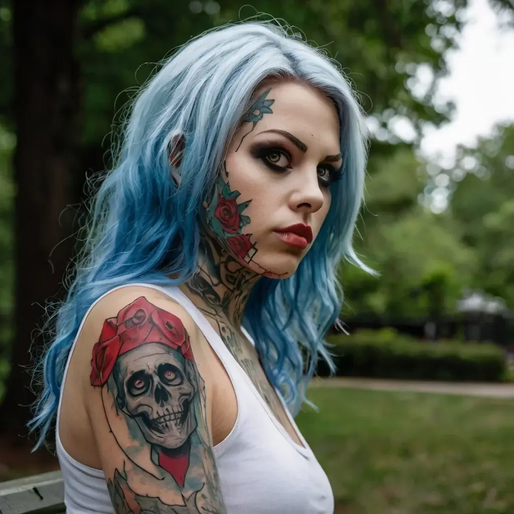 Woman with blue hair has a detailed skull tattoo with red bandana on her upper arm, surrounded by roses on her neck.