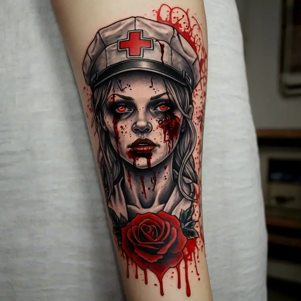 Tattoo of a haunting nurse with red eyes, splattered blood, and a vivid red rose dripping beneath.