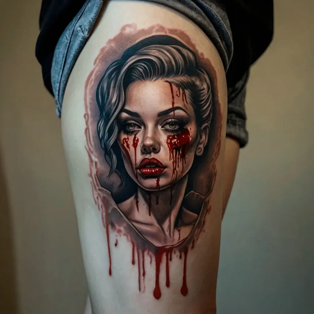 Realistic woman's face tattoo with smeared red makeup, creating a dramatic and haunting effect on the thigh.