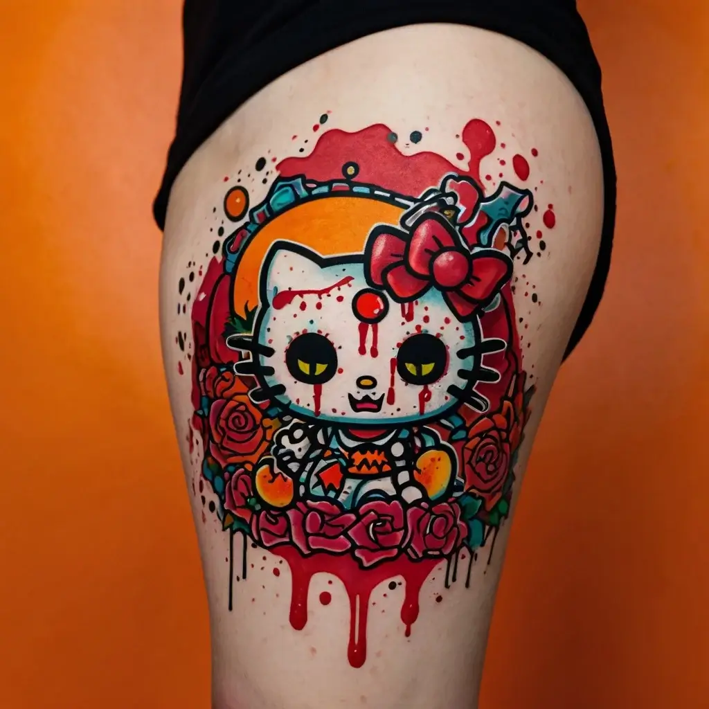 Tattoo of a stylized cat character with a bow, surrounded by roses and vibrant colors, featuring a playful horror theme.