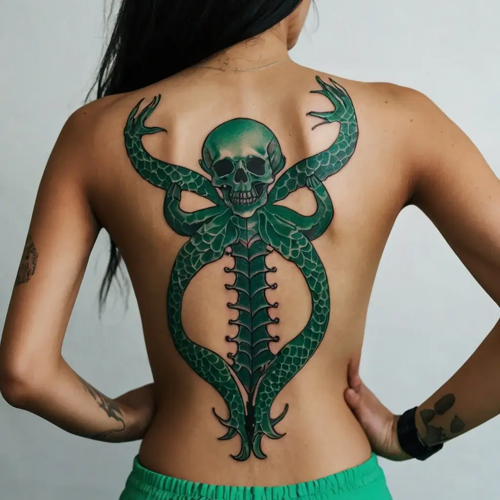 Tattoo of a green skull and snake-like figure with intricate scales and spine detail, covering the back.