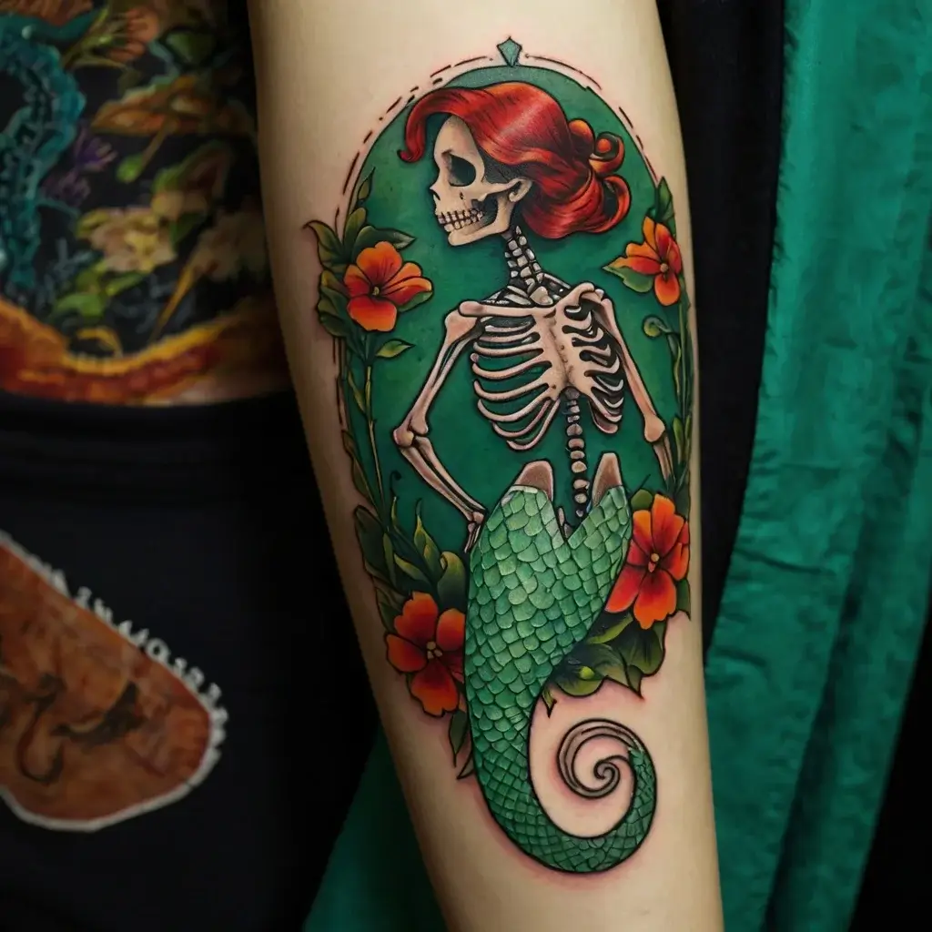 Tattoo of a skeleton mermaid with red hair, surrounded by orange flowers and green accents, symbolizing beauty in decay.