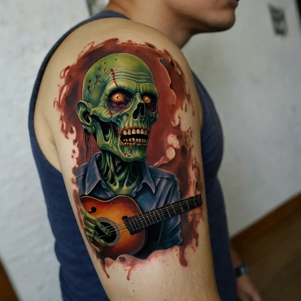 Green zombie with a guitar on an arm tattoo, set against a red and black splattered background.