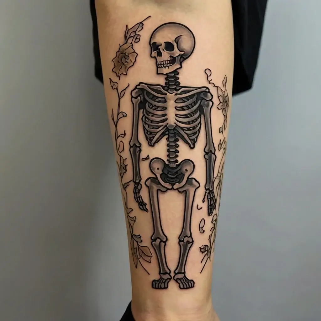 A detailed black skeleton tattoo with floral accents, blending life and death themes on the forearm.