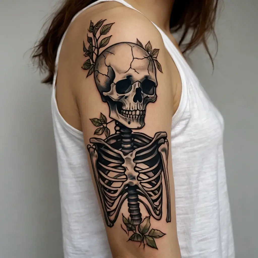 Detailed skeleton tattoo with cracked skull and leafy vines intertwining, symbolizing life and mortality on the upper arm.