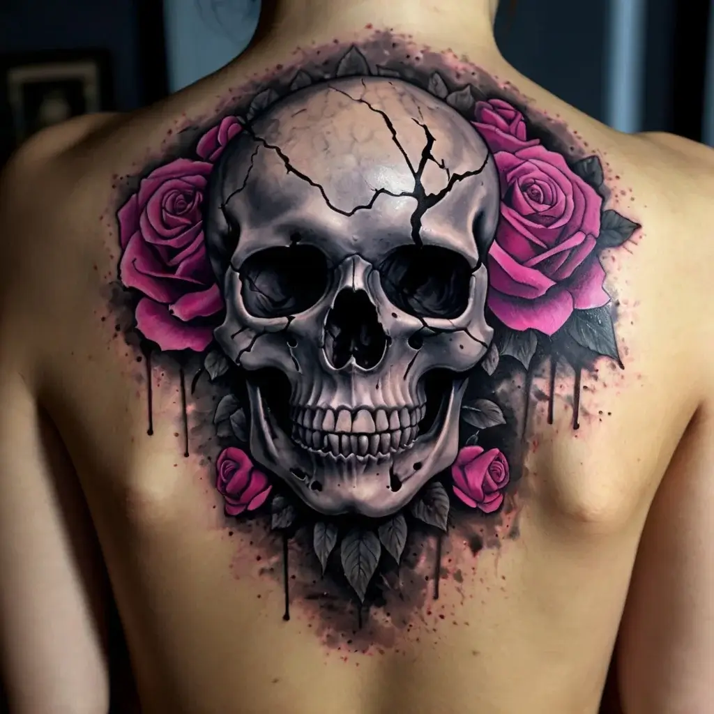 A detailed skull tattoo with cracks, surrounded by vibrant pink roses and black ink splatters, covering the upper back.