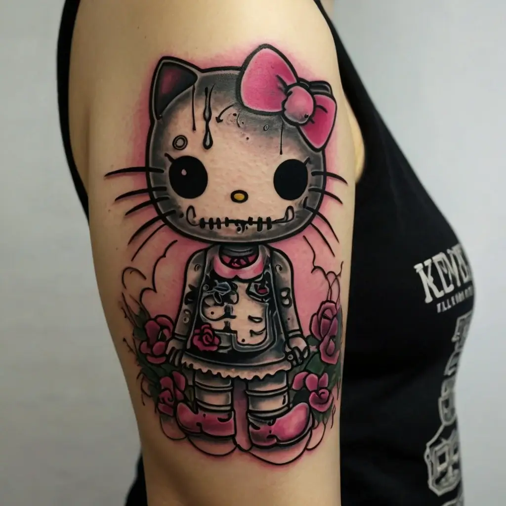 Tattoo of a cute character with a zombified look, pink bow, and surrounded by roses, blending cute and gothic styles.