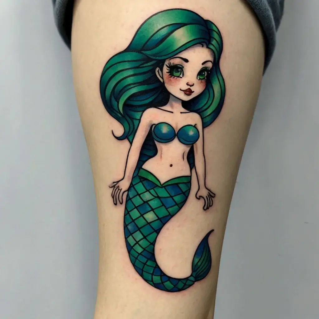 Tattoo of a cartoon mermaid with flowing green hair and a turquoise tail, featuring bold outlines and whimsical style.