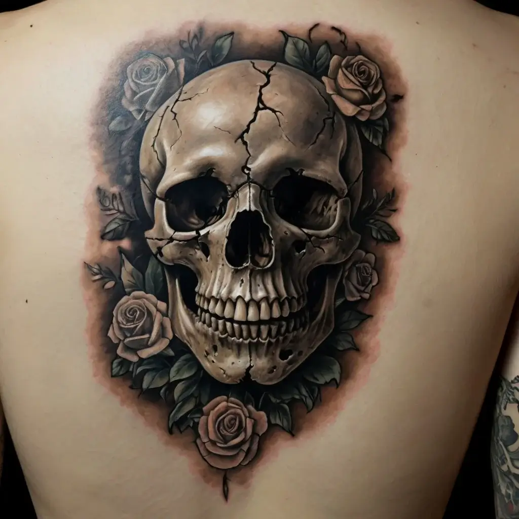 A realistic skull tattoo surrounded by detailed roses, symbolizing life and death intertwined, shaded expertly.