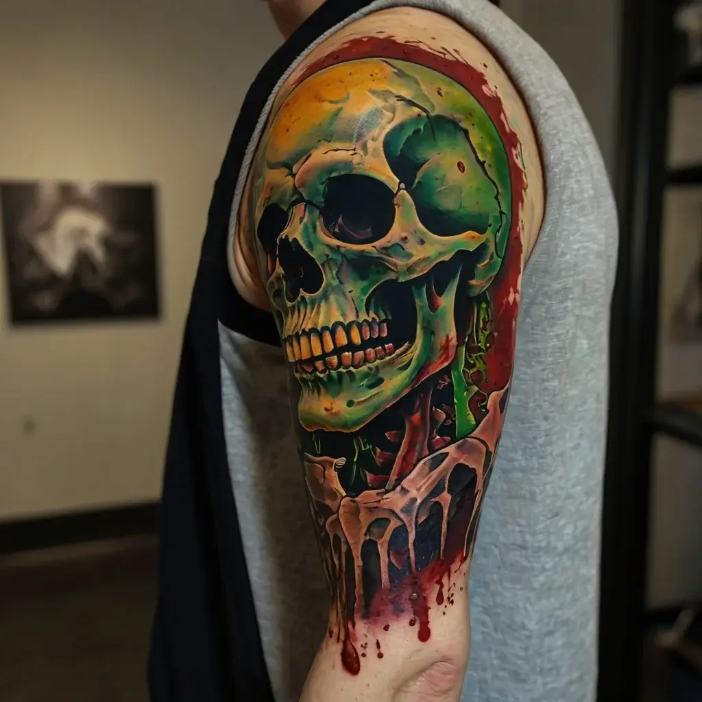 Colorful skull tattoo on upper arm, featuring vibrant green and yellow hues with dripping red accents, exuding vivid energy.