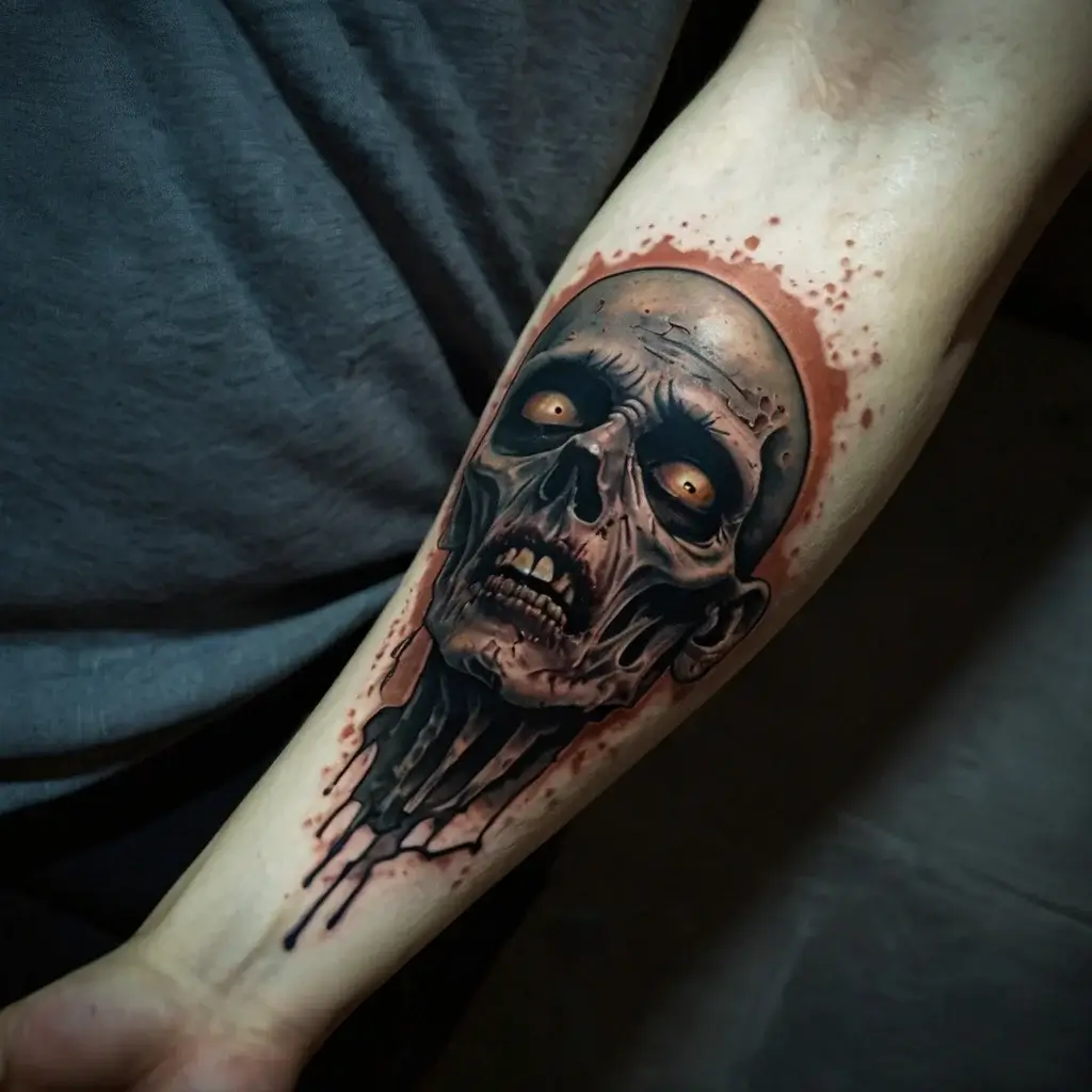 Realistic zombie head tattoo with sharp details, glowing eyes, and blood splatter effect on the forearm.