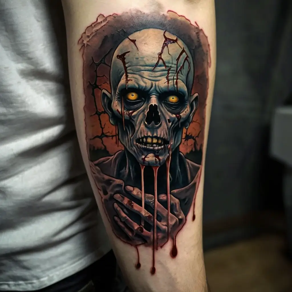 Tattoo of a menacing zombie with glowing eyes, cracked skin, and vivid red drips, set against a dark, eerie background.