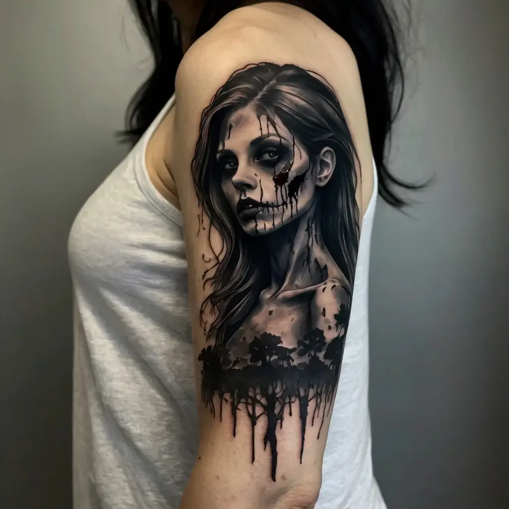 Realistic grayscale tattoo of a woman's face with skull elements and dripping ink, blending into a silhouette of trees.