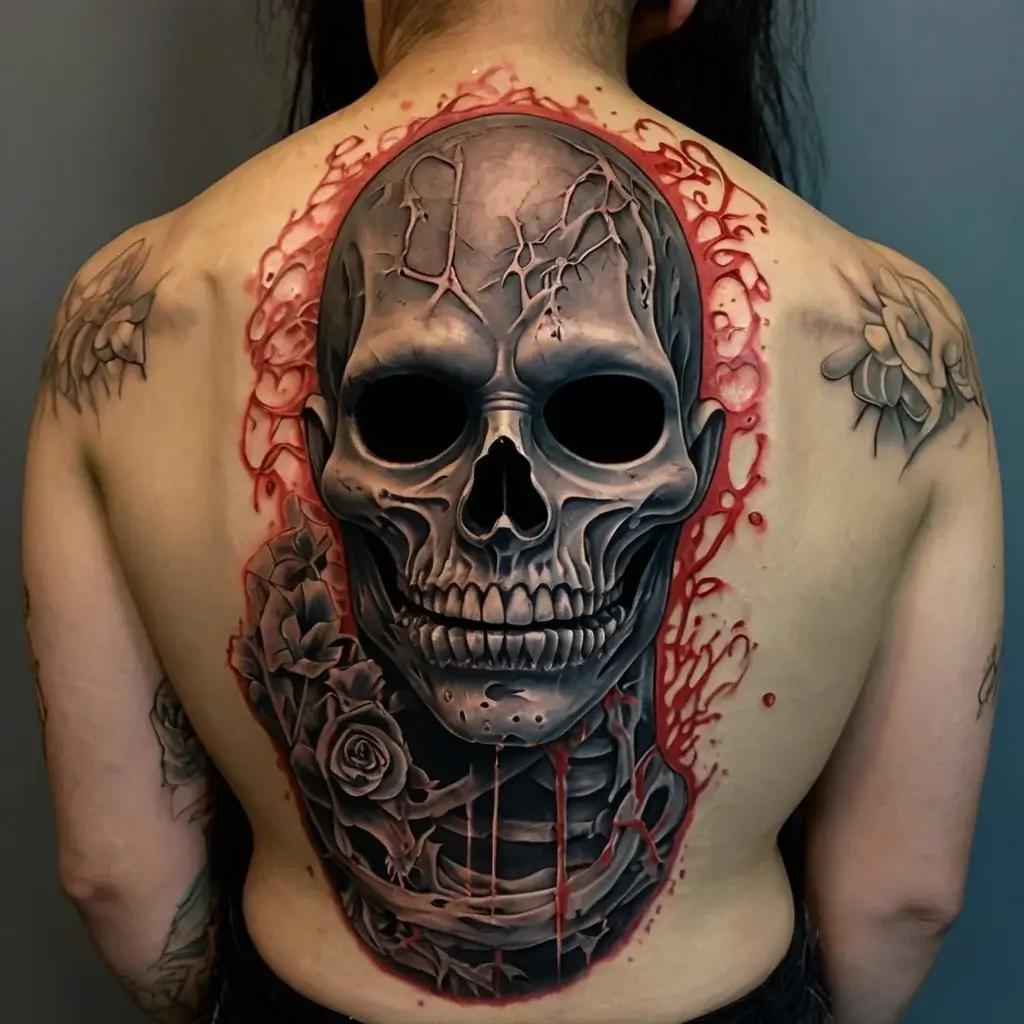 Intricate skull tattoo with roses and abstract red splashes on the back, creating a striking contrast and depth.