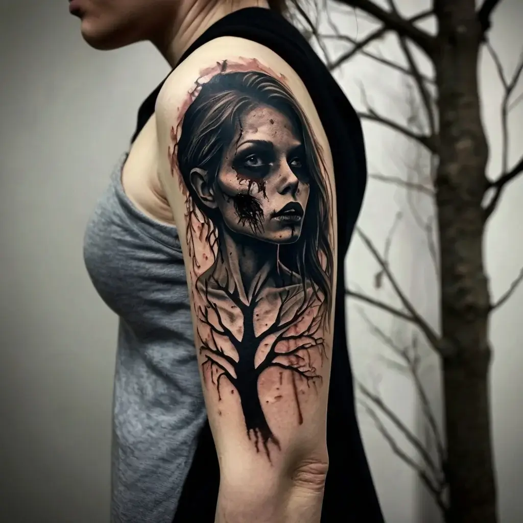 Tattoo of a haunting woman's face with a tree growing beneath, blending into her neck, symbolizing nature and decay.