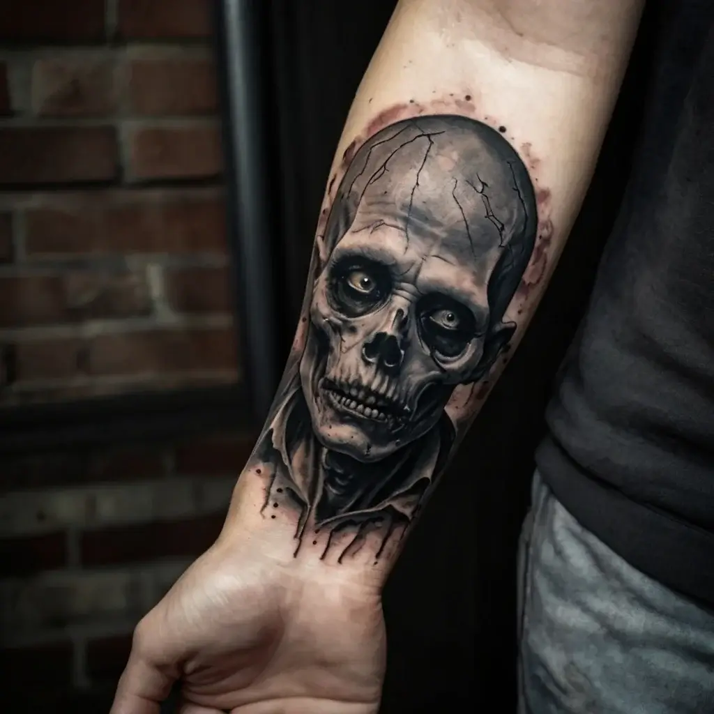 Realistic skull tattoo with cracked skull effect and detailed shading, creating a haunting yet captivating design.