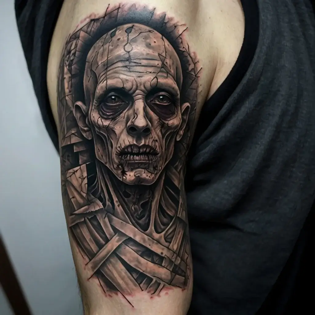 Realistic mummy tattoo on arm, detailed shading emphasizes cracked skin and fabric wraps, creating a hauntingly lifelike effect.