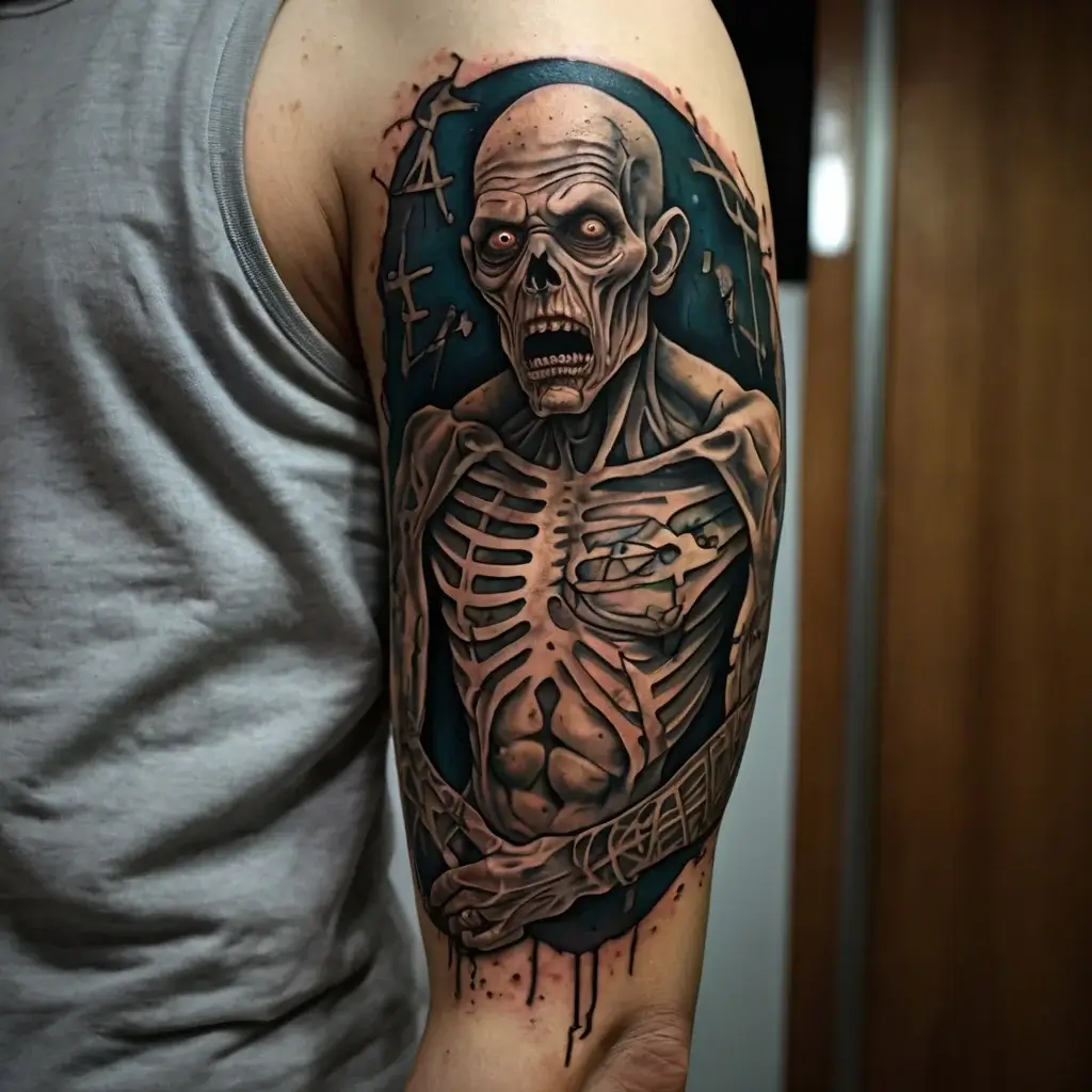 Realistic skeletal zombie tattoo with vivid shading, set against a dark blue background, creating a 3D horror effect.