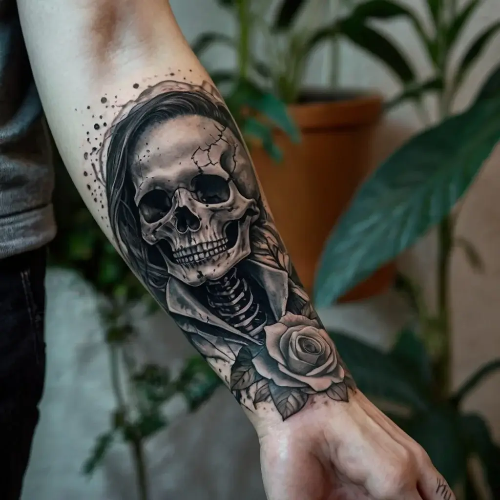 Tattoo of a detailed skull with flowing hair, surrounded by a rose and leaves, in black and gray on the forearm.