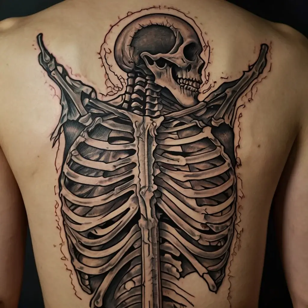 Realistic full-back tattoo of a detailed skeleton, including ribs and spine, with a three-quarter view skull at the top.