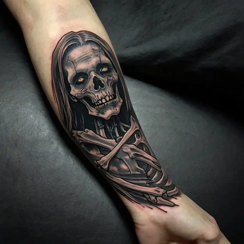 Realistic grim reaper tattoo with detailed skull, long hair, and crossed bones on forearm, using grayscale shading.