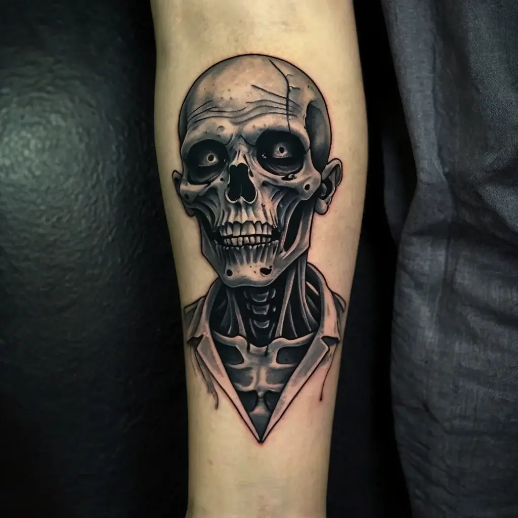 Tattoo of a detailed, realistic skull wearing a collared shirt, emphasizing shadows for a 3D effect on the forearm.