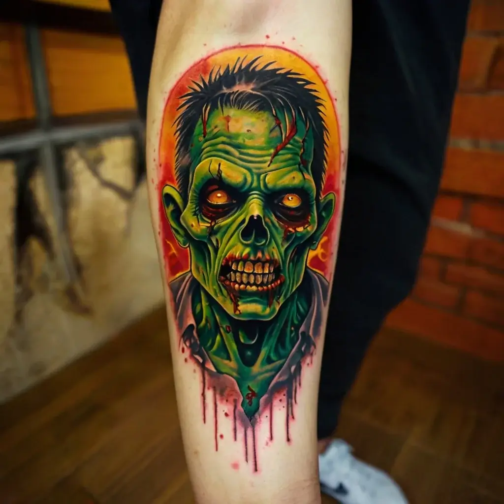 Tattoo of a vibrant green zombie with glowing eyes and bloody details, set against an orange background for contrast.