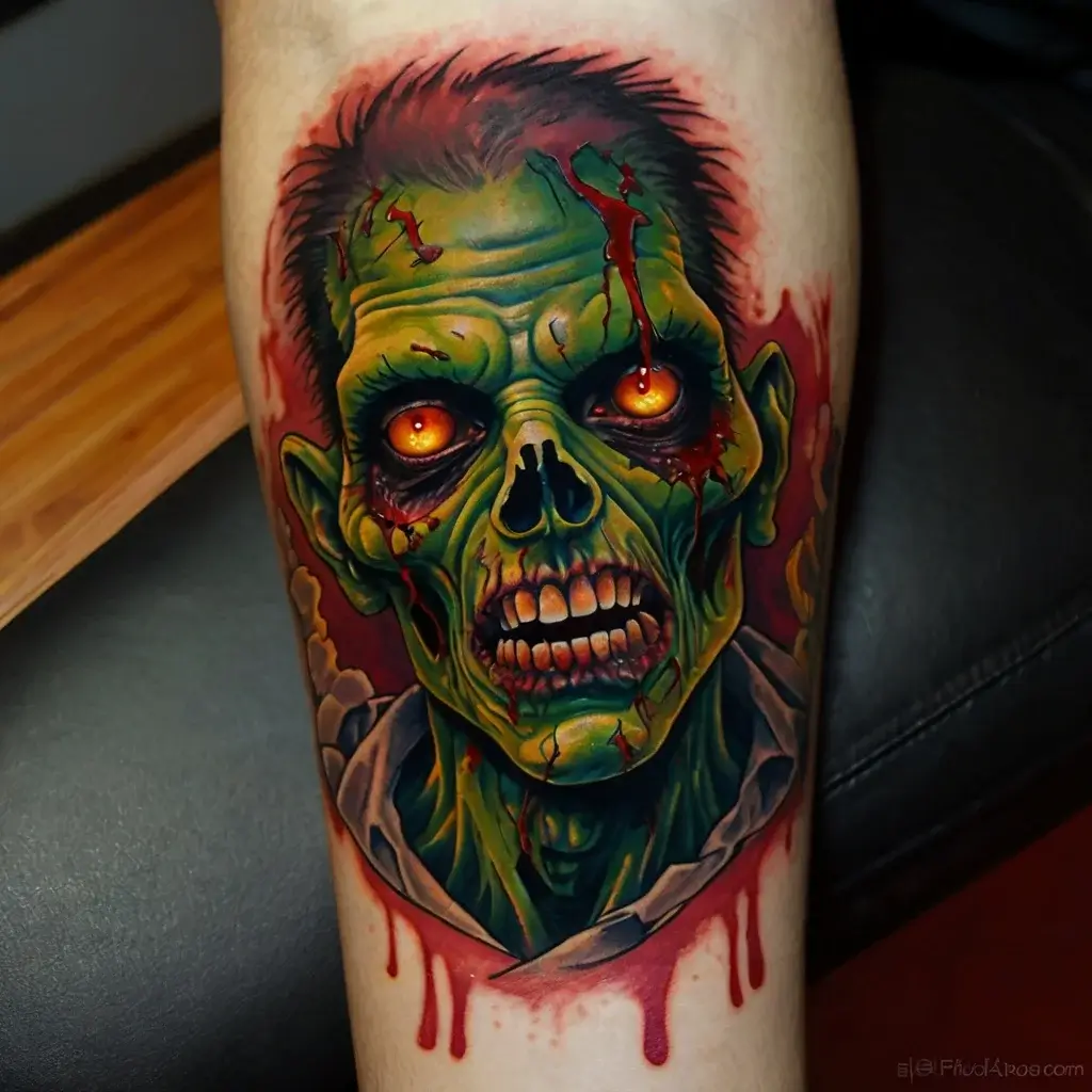 Hyper-realistic zombie tattoo with glowing orange eyes, decaying green skin, and blood splatters creating a horror effect.