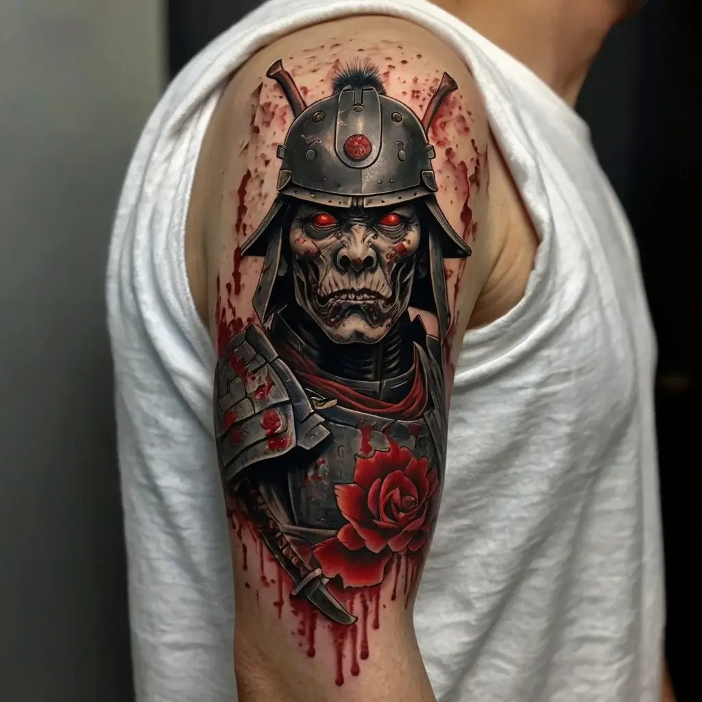 Tattoo of a fierce samurai skull with glowing red eyes, detailed armor, and a vibrant red rose on the shoulder.