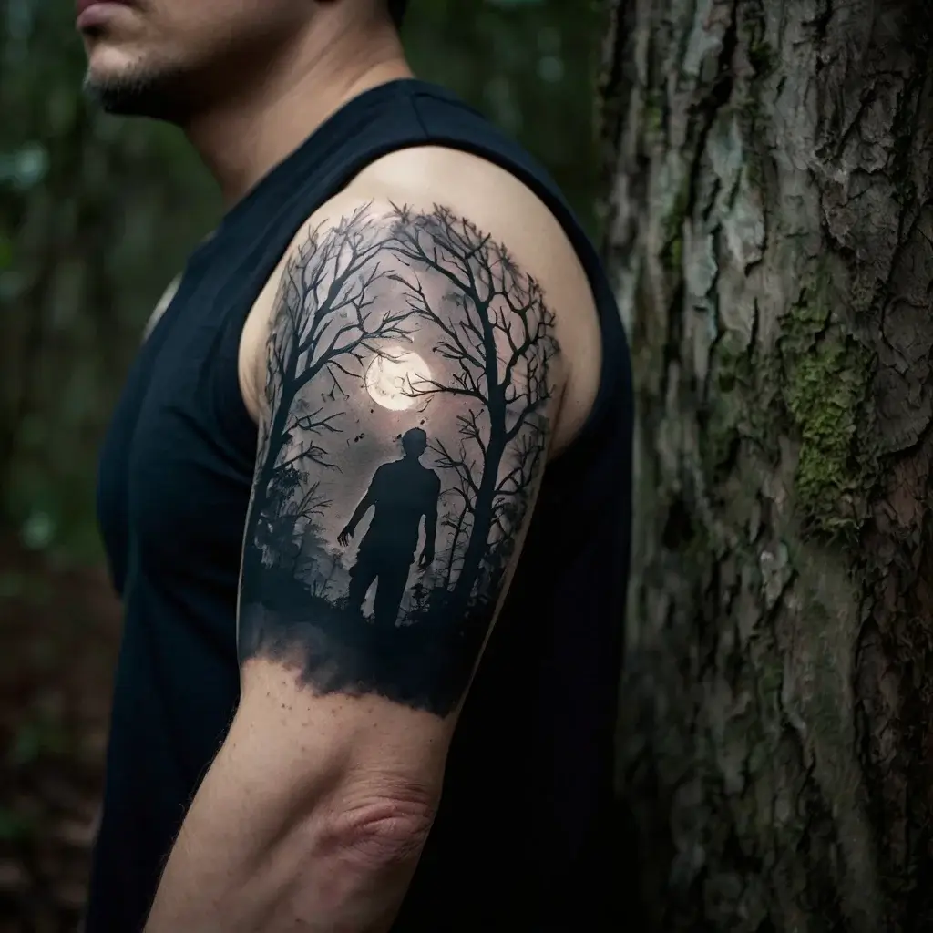 Tattoo of a lone figure under a crescent moon, surrounded by leafless trees, blending realism with eerie forest ambiance.