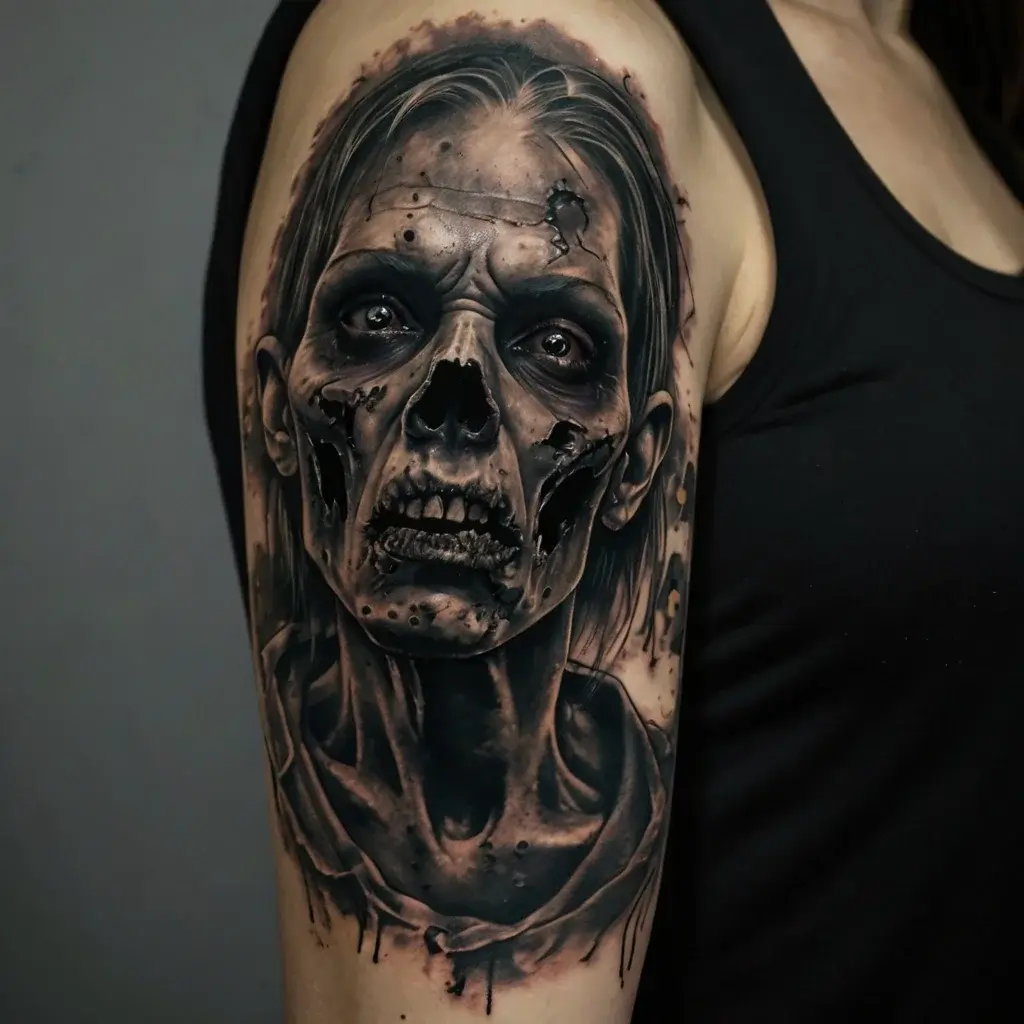 Realistic zombie tattoo in grayscale on arm, showcasing detailed decay and hauntingly lifelike eyes.