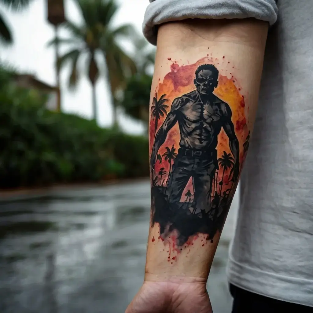 Tattoo of a muscular figure with a dramatic red and orange sunset backdrop, framed by palm trees on the forearm.