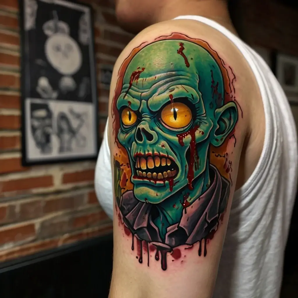 Tattoo of a vivid green zombie head with yellow eyes, dripping blood effect, blending realism with comic art style.