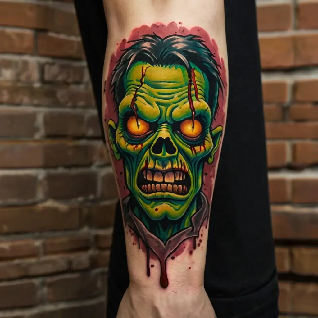 Colorful zombie tattoo with glowing orange eyes, green skin, red blood drips, and a menacing grin on forearm.