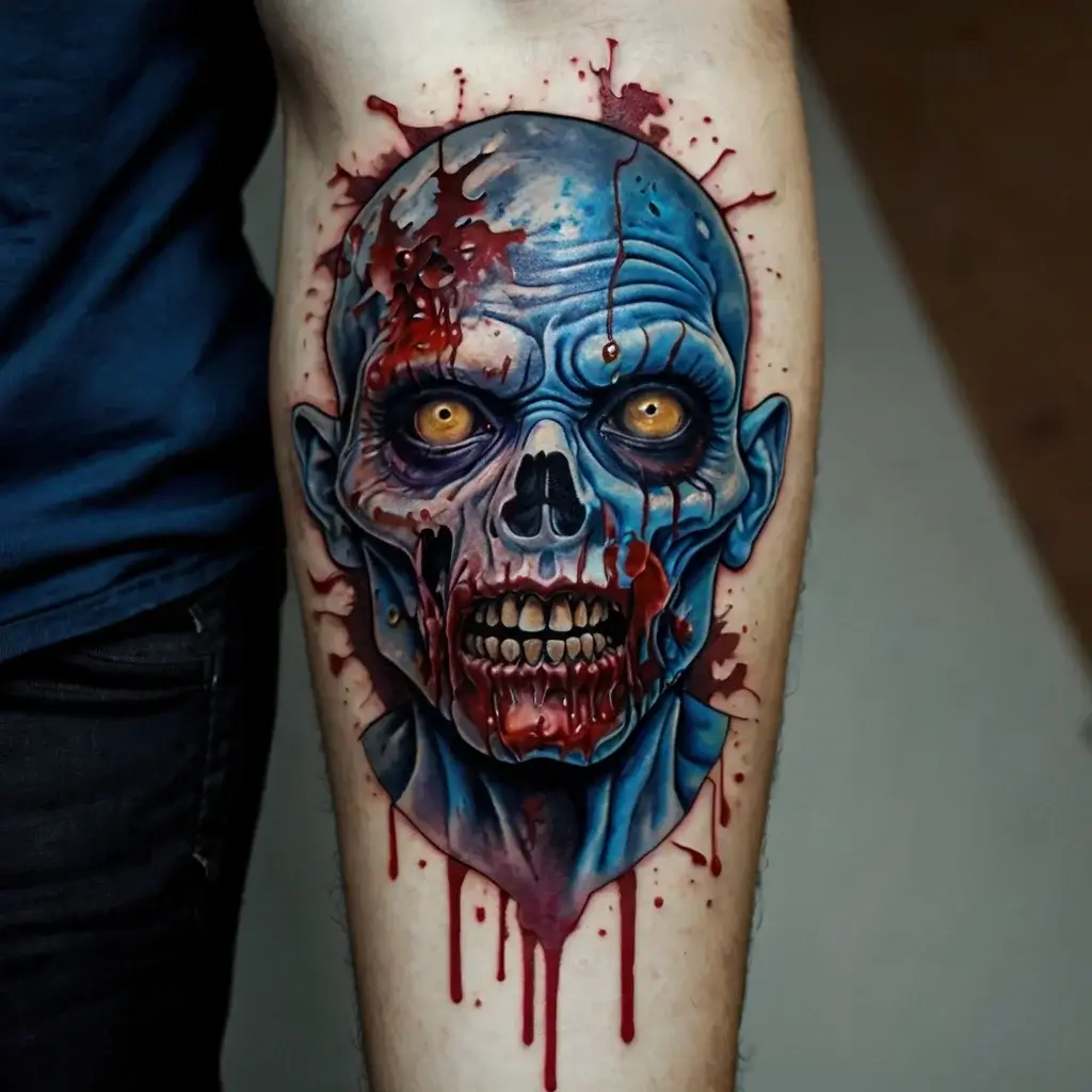 Realistic zombie face tattoo with vivid blue skin, bloody details, and striking yellow eyes, dripping effect on the bottom.