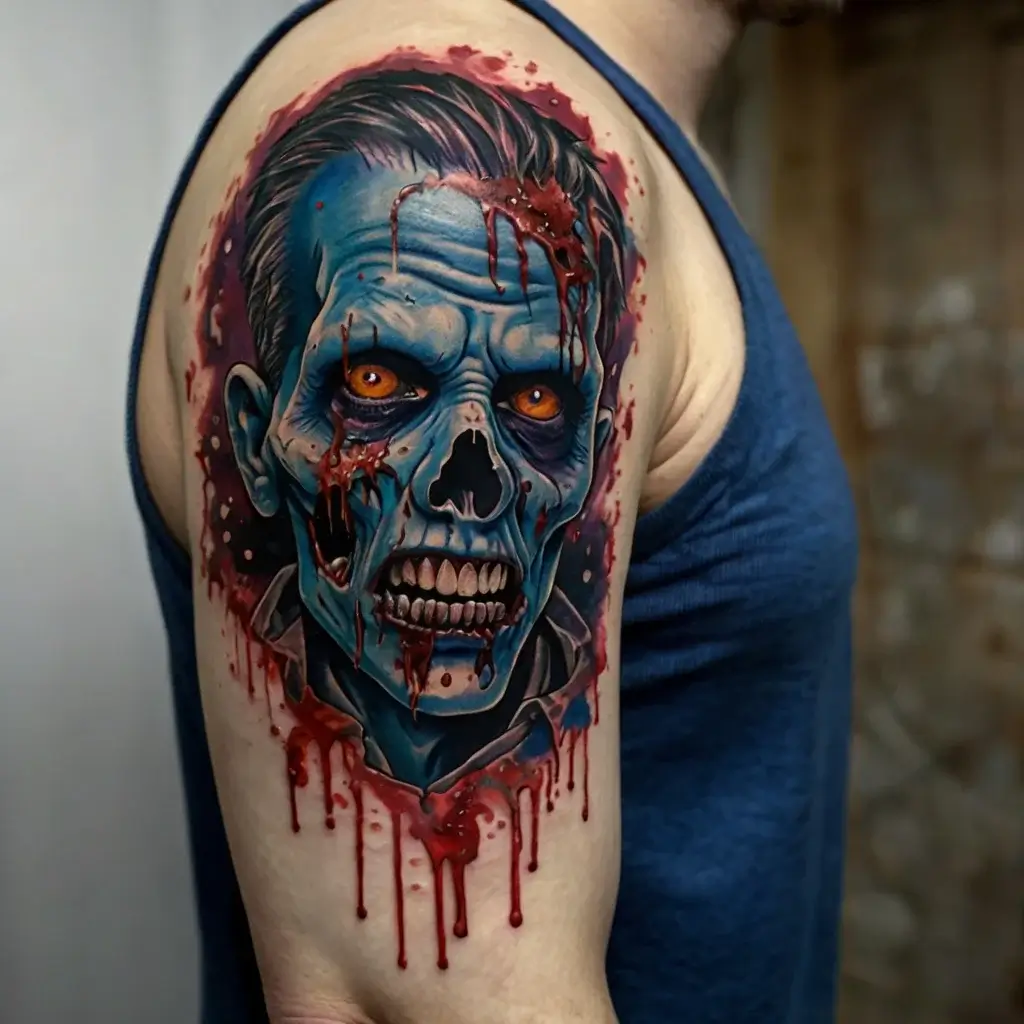 Tattoo of a vivid, undead blue face. Intense orange eyes, detailed teeth, with blood dripping effect for eerie realism.