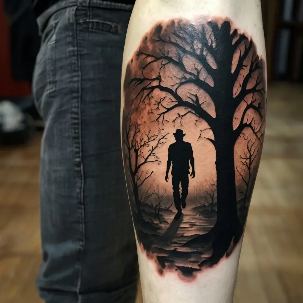 Silhouette tattoo of a man walking towards a large tree against a sunset backdrop, capturing a mysterious, tranquil scene.