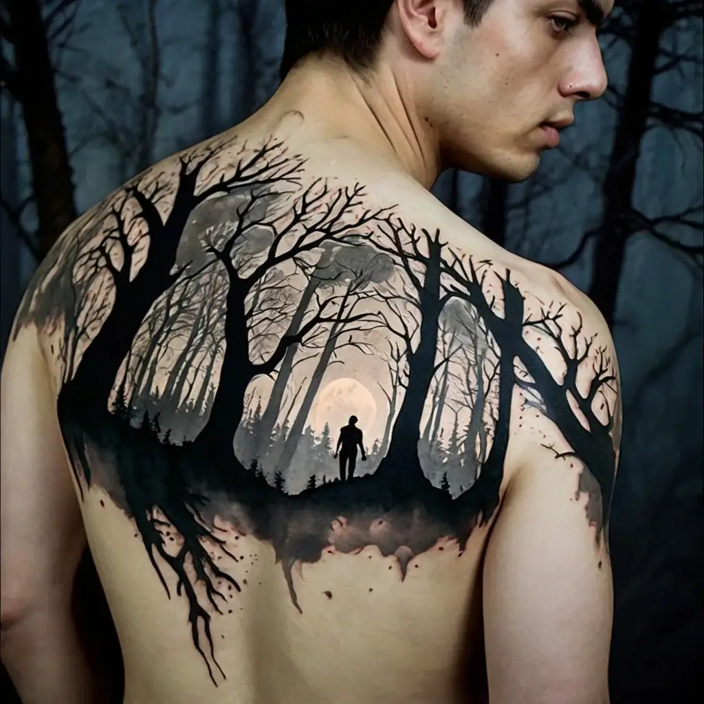 Silhouette of a forest with leafless trees and a figure, set against a full moon, spans across the man's back.